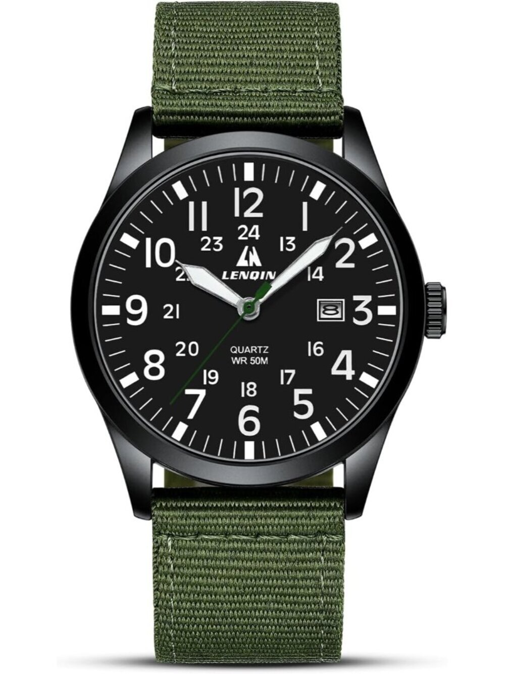 LN LENQIN Men's Green Classic Military Analog Quartz Waterproof Nylon Band Watch